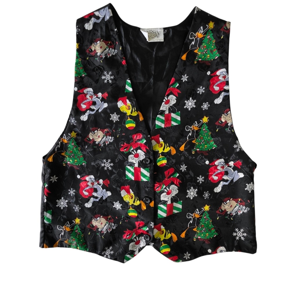 Looney Tunes Womens Christmas Vest Black Vintage 1994 Holiday Print M/L